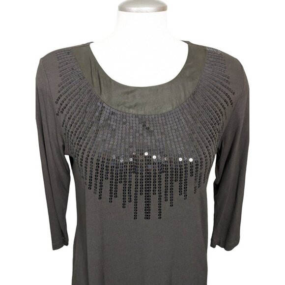 Chicos Size 1 US S 8 Womens Brown Sequin Front T Shirt Long Sleeve Stretch - Picture 2 of 6